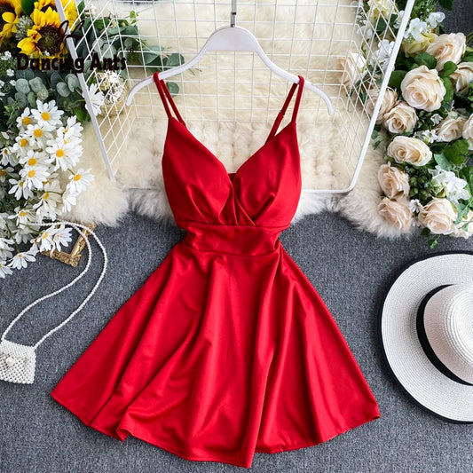 Women A-line Sexy Dress V-Neck Spaghetti Strap Backless Mini Dresses Soild Color Vestidos Slim Trend 2020 High Waist For Party