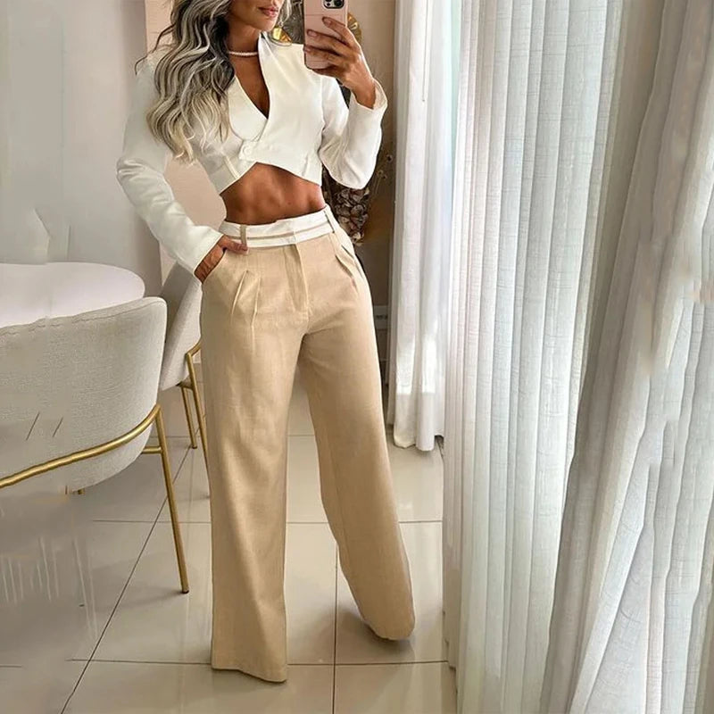 Autumn Women Two Piece Set Office Fashion Solid Long Sleeve Lapel High Waist Short Top Loose With Pockets Pants Sets Streetwear