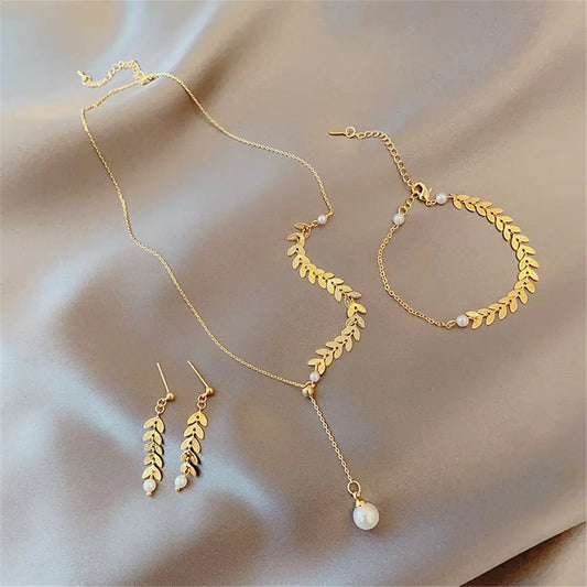 Wheat Ears Imitation Pearl Necklace Earrings